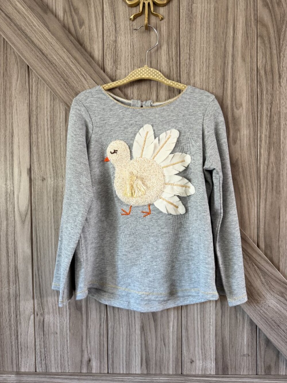 Mud Pie Girls Heather Gray Turkey Appliqué Long Sleeve Top